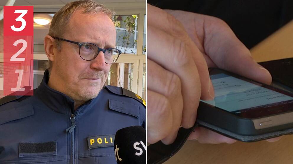Till vänster: Mikael Ahrtzing, en man i medelåldern iklädd polisuniform, svarar i SVT:s mikrofon på frågor om kortbedrägerier. Till höger: Närbild på hand som håller i en mobiltelefon.