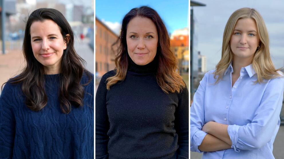 Svts reportrar Frida Björk i blå stickad tröja, Maria Haglund i mörk polotröja, Amanda Gustafsson i ljusblå skjorta
