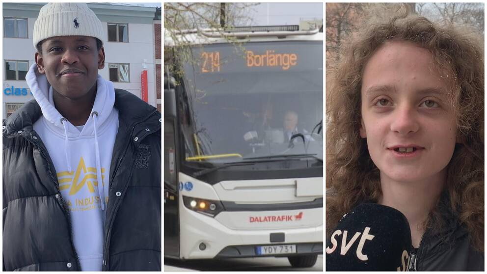 två ungdomar som intervjuas, med en buss i mitten
