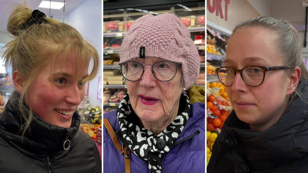 En tredeladbild på tre kvinnor som handlar mat i en butik i Sundsvall.