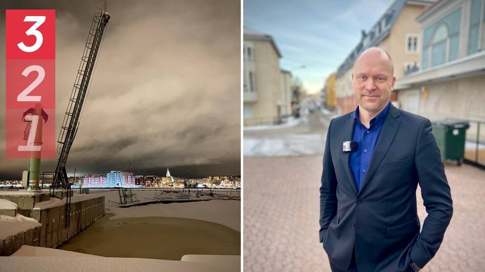 I bild till vänter: en kran och ett istäckt hav i förgrunden Hudiksvalls nya skyline med Kattvikskajen i bakgrunden. I bild till höger: en man i mörkgrå kastym och blå skjorta blickar in mot kameran.