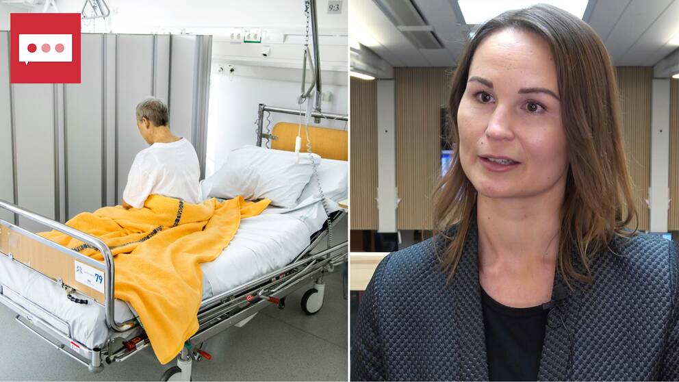 En manlig patient sitter i en sjukhussäng.