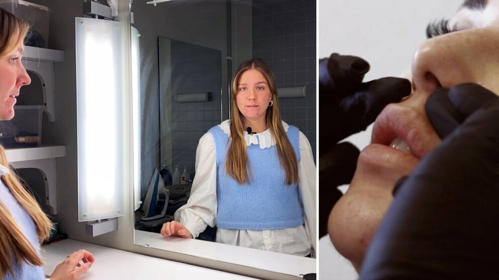 en reporter vid en spegel och en skönhetsbehandling -. inzoom på läppar.