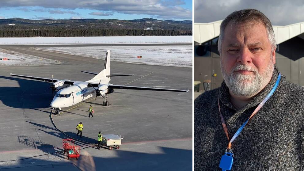 Till vänster står ett flygplan som precis har landat på Höga Kusten Airport. Till höger står Per Enroth med grå fliströja och ser bestämd ut.