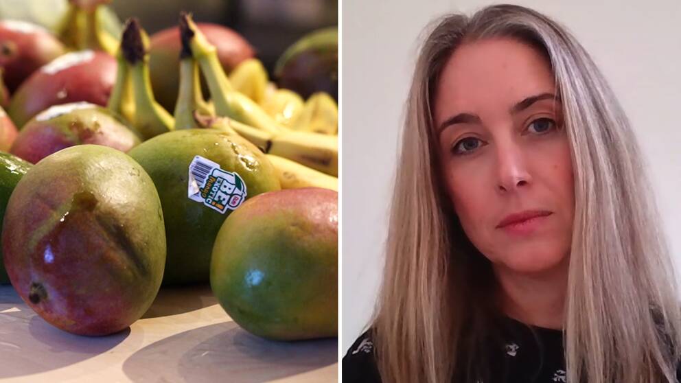 Till vänster: genrebild på frukt. Till höger: Elin Ramfalk på Cancerfonden, kvinna med långt gråsilverfärgat hår.