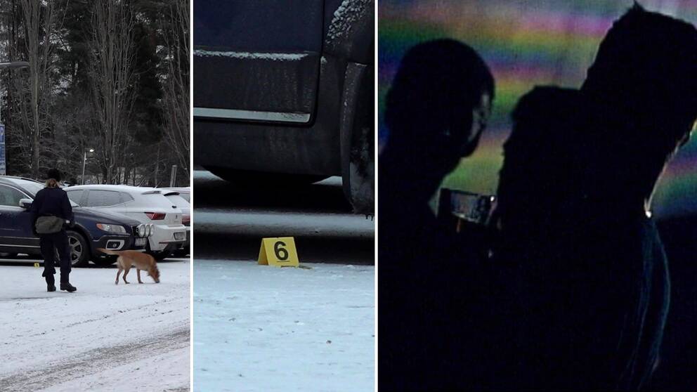 Hundpatrull, brottsplats, silhuetter av krogbesökare.
