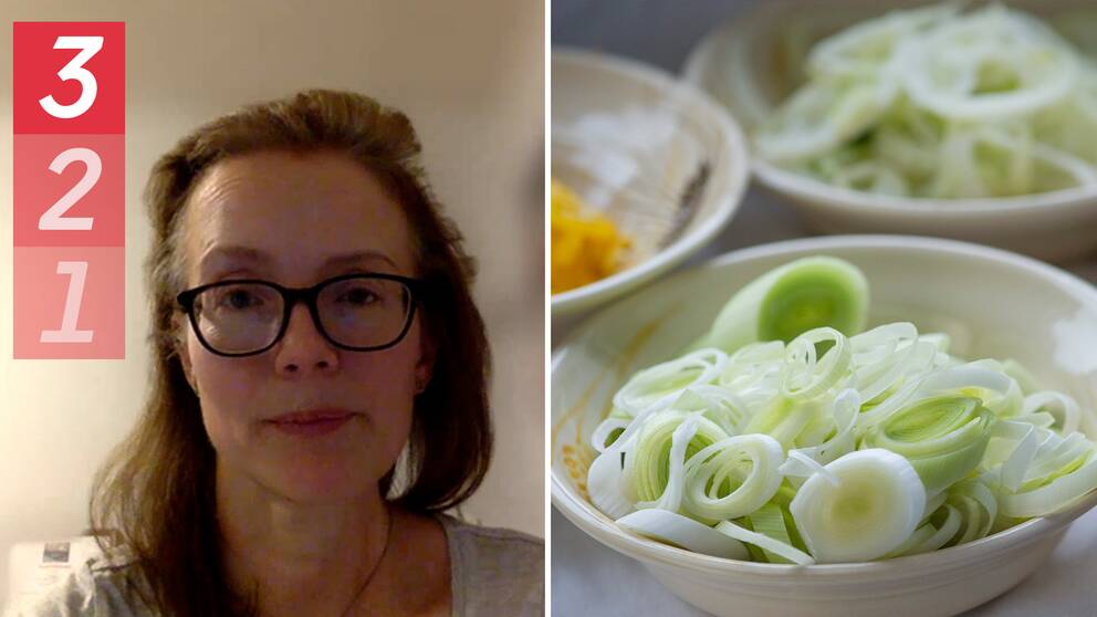 Dietisten Sara Ask samt skålar med bland annat lök.