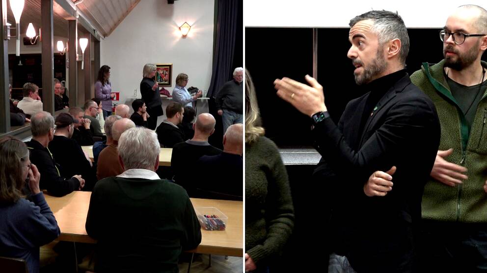 Tvådelad bild: Ett sammanträde med kommuninvånare och Tranemo kommun, samt ordförande i Tranemos kommunstyrelse, socialdemokraten Driton Bialli, som under mötet samtalar livligt.