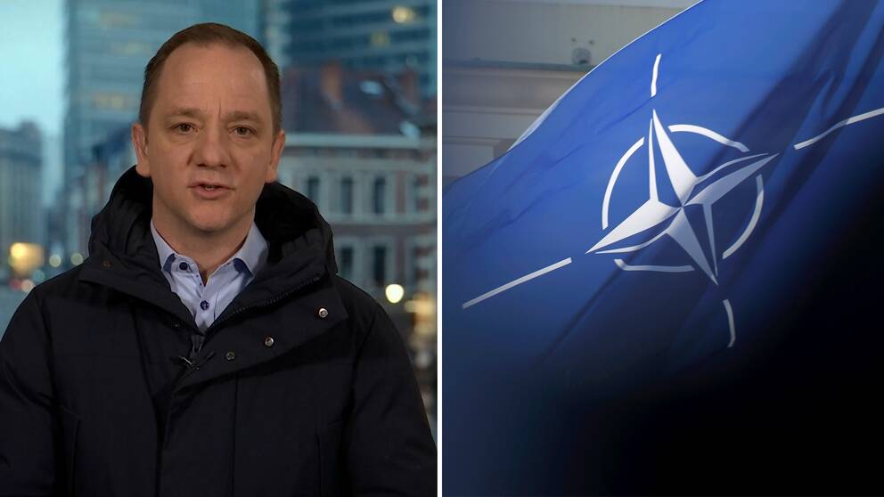 SVT:s Europakorrespondent till vänster. Till höger Natos flagga.