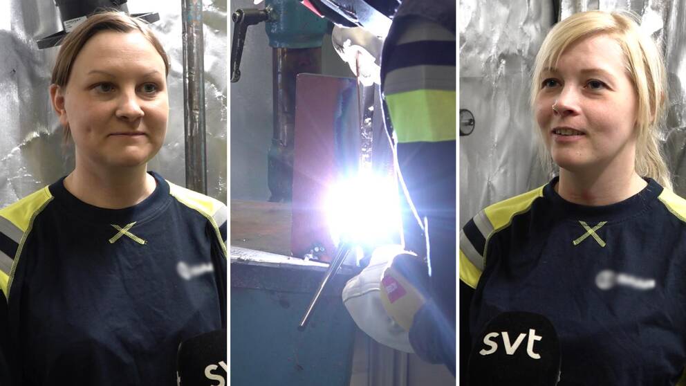 Mörkhårig kvinna i blå och gul tröja till vänster i bild tittar åt höger. Svetslåga i mitten av bilden. Blond kvinna med ring i näsan, gul och blå tröja, till höger i bild tittar åt vänster. Karlskrona, Saab Kockums, svetsare, yrke, yrkesutbildning, varv, industri