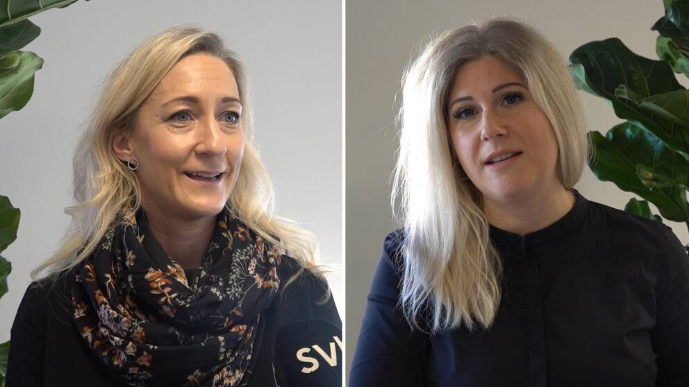 Blond kvinna i svart tröja och mönstrad sjal till vänster i bild, blond kvinna i svart tröja till höger i bild. Arbetsförmedlingen, Karlskrona, sektionschef, arbetsförmedlare, bristyrken, branscher, industri, IT, vård, omsorg, serviceyrken.