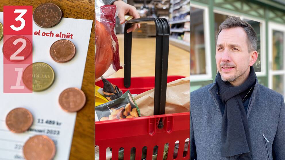 Bild på elräkning och varukorg samt på en man framför ett uterum. Mannen heter Sandor Bolla och är budget- och skuldrådgivare i Sölvesborg.