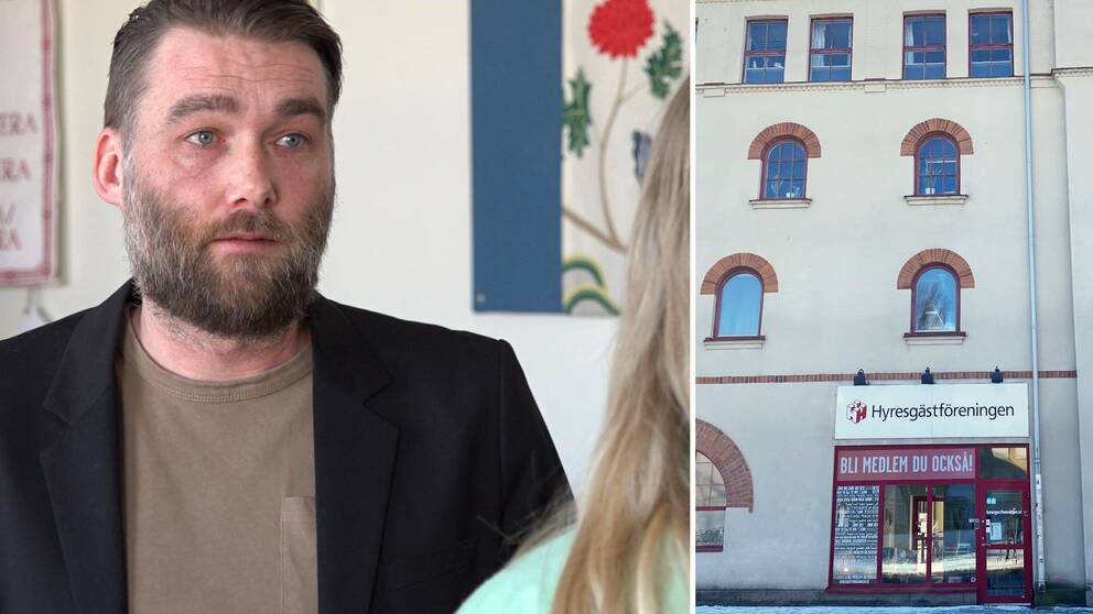 Tvådelad bild: Dennis Holmberg, förhandlade på Hyresgästföreningen, och Hyresgästföreningens kontor med en skylt på en byggnad.