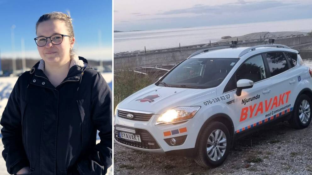 Till vänster en bild på en kvinna med svarta glasögon och uppsatt hår. Hon jobbar idellt på Njurunda Byavakt. Till höger ser vi deras bil. En vit bild med texten ”Njurunda Byavakt” och deras telefonnummer ”076-1388207”
