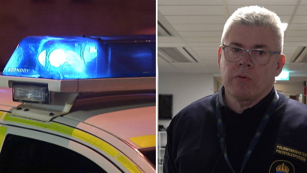 Tvådelad bild: En polisbild ljusramp med ljussirenen lysande i blått och Lars Hedelin, presstalesperson vid polisen i Värmland.