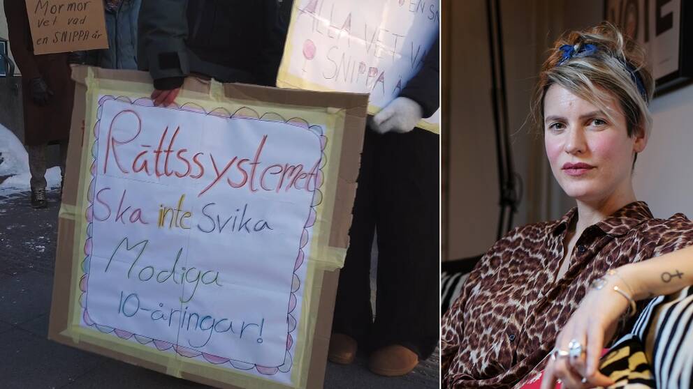 En skylt från en manifestation med texten ”Rättssystemet ska inte svika modiga tioåringar” och en porträttbild på Nina Rung som kollar in i kameran.