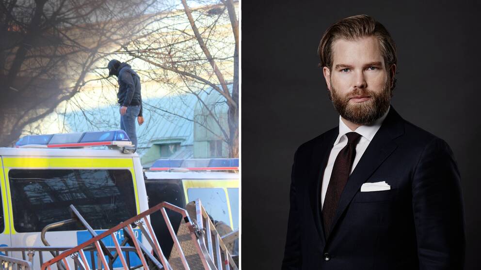 Tvådelad bild: En man i kostym och en bild från upploppet i Sveaparken