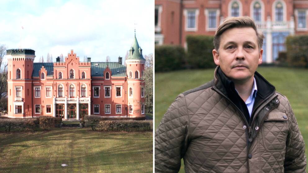 Till vänster: Slottet på Boo, i södra Närke. Till Höger: Carl-Fredrik Hamilton, vd Boo egendom iklädd en brun täckjacka.
