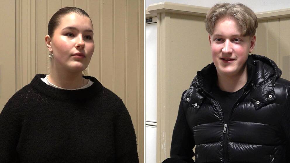 Tvådelad bild men en tjej med håret fäst i en knut iklädd en svart stickat tröja och en blond kille med ”Backstreet Boys”-lugg och en glansig puff-jacka.