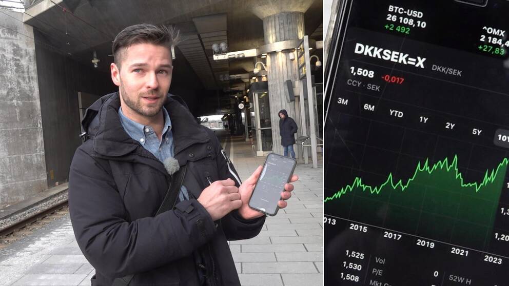 Sam Henriksson pendlar över Öresund och visar på mobilen hur han tjänar på en svag svensk krona.