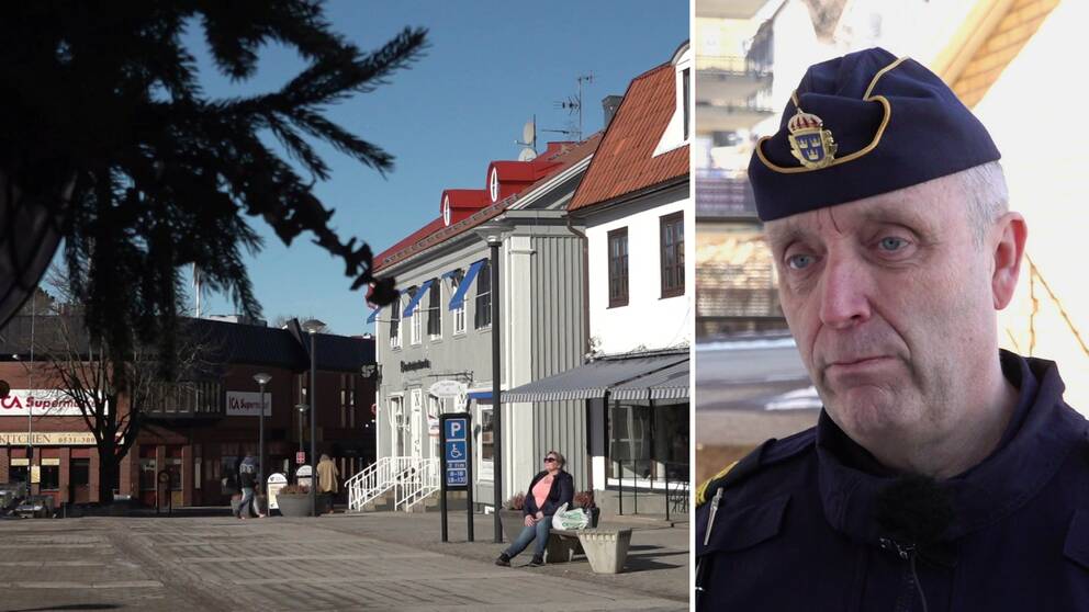 En bild på torget i Bengtsfors, med en solande kvinna på en bänk. Bild två, kommunpolis Peter Torstensson.