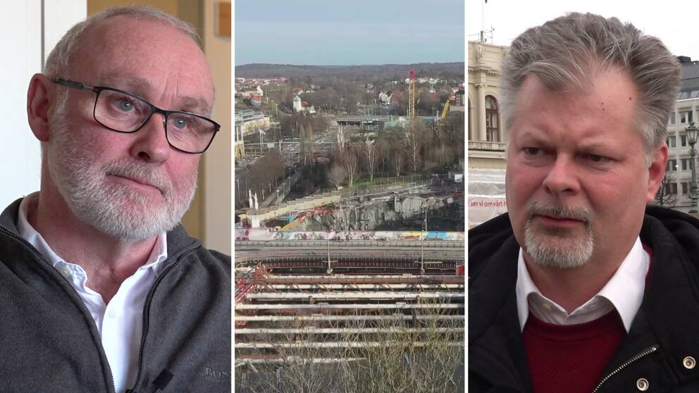 Bild på två män och en byggarbetsplats. Männen heter Bo Larsson, projektchef för Västlänken och  Axel Josefson, andre vice ordförande i kommunstyrelsen (M). De pratar om att Trafikverket nu utreder sig själva efter SVT:s avslöjande om att Västlänken kostat två miljarder mer än budget.