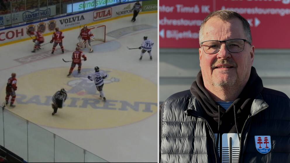 Till höger står Lars Backlund med ett leende på läpparna och till vänster spelar Timrå IK hockey.