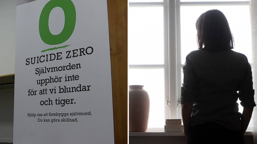 Vänster: Info-skylt från ”Suicide zero” Höger: silhuett av (deprimerad) kvinna vid fönster.