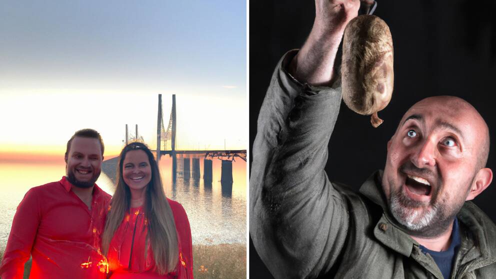 Två autogenererade bilder av AI-verktyget Dall-E. Till vänster en man och en kvinna som står framför Öresundsbron. Till vänster: En man med lite galna ögon som håller en korv.