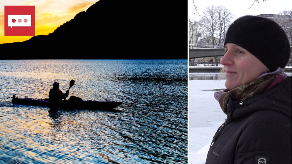 Tvådelad bild: En kanotist i solnedgången och Mari Backlund, natur- och vattenstrateg som står utomhus vid Hjälmaren.