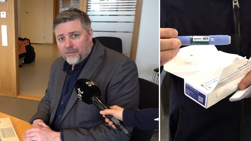 Läkaren Björn Lundahl på bild ifrörd kavaj och intervjuad av SVT. Mikrofon syns i bild. Till höger: diabetesmedicin.
