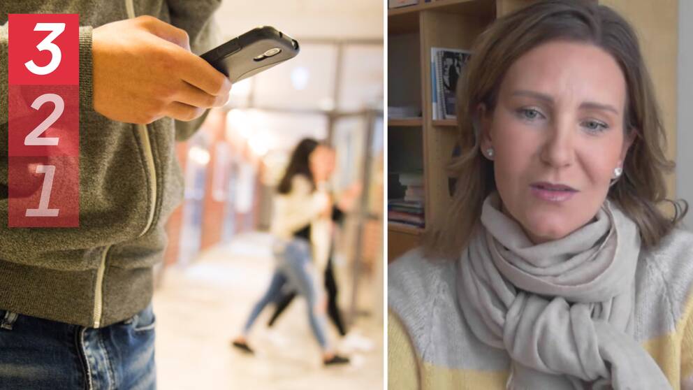 barn som håller i mobil till vänster, kvinna som talar till höger.