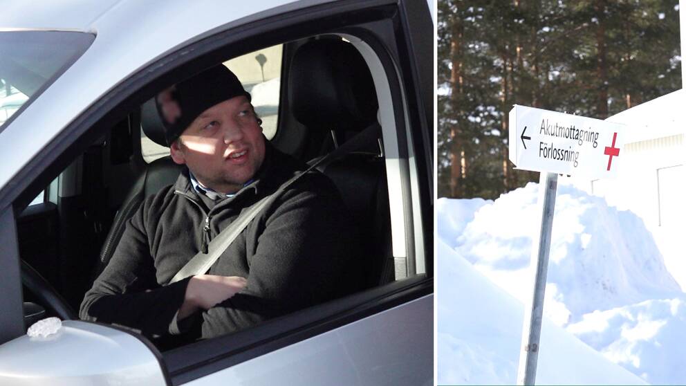 delad bild: en man i svart fleecetröja och mössa tittar ut genom fönstret i sin bil, samt en skylt mot Akutmottagning och förlossning