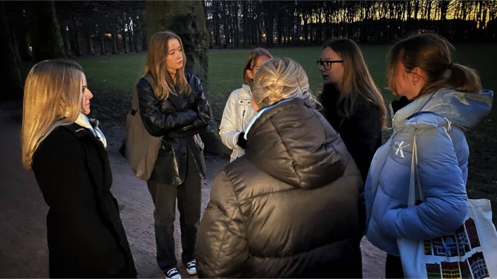 Moderaten Helena Nanne träffar ett gäng med kvinnor i gymnasiet i en mörk park, Pildammsparken i Malmö, för att diskutera deras förslag att lysa upp parkerna.