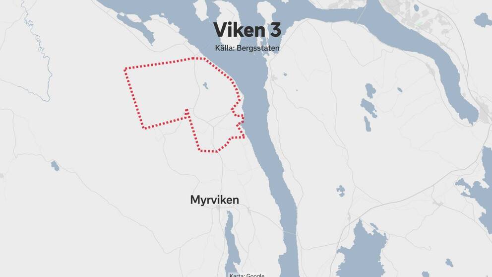 Karta med ett område markerat i rött. Nedanför det markerade området står det Myrviken. Rubrik på bilden Viken 3.