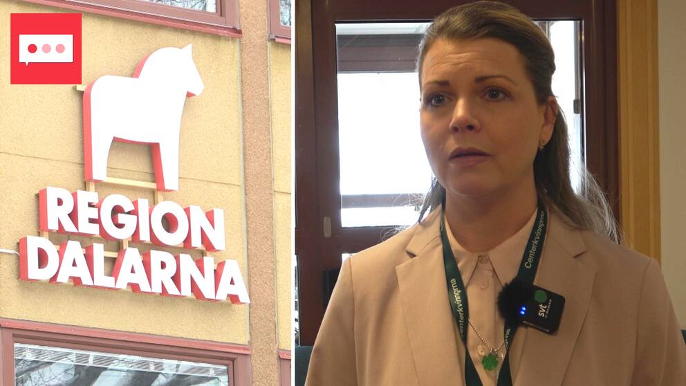 Region Dalarnas symbol till vänster, kvinnlig politiker som intervjuas till höger
