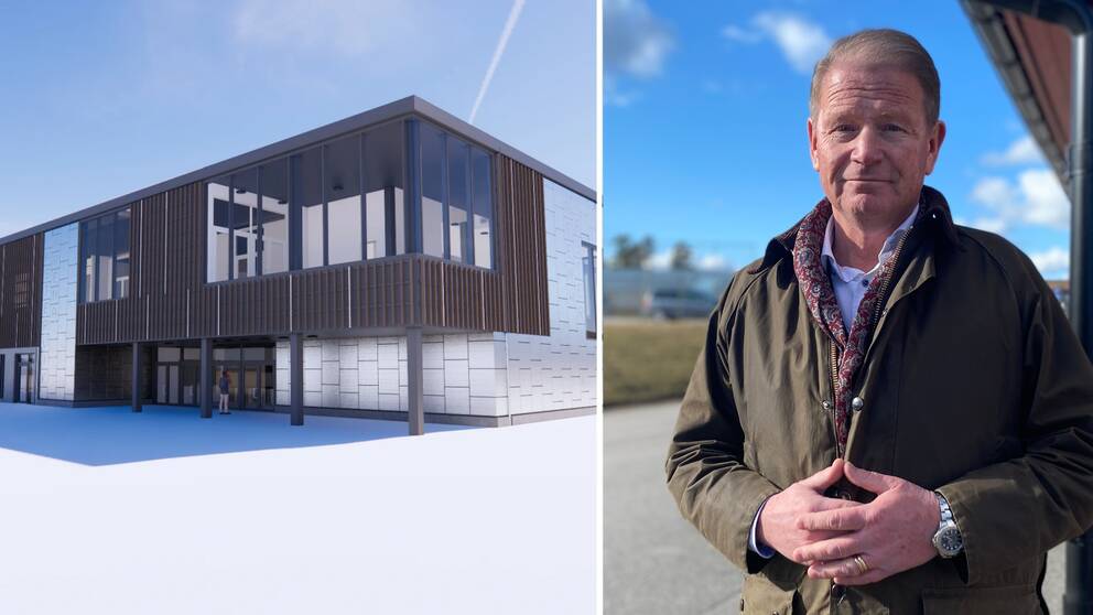 Bild på hur de nya arenan ska se ut och bild på kommunalrådet Harald Hjalmarsson(M).