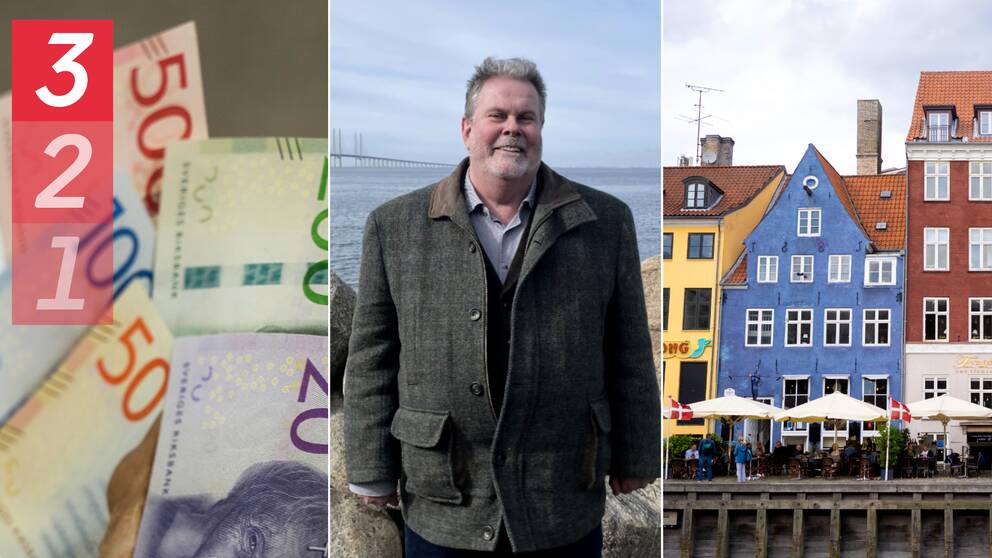 Till vänster bild: svenska sedlar. Mittbilden: Johan Wessman, vd för Öresundsinstitutet, förklarar varför den svenska kronan är ovanligt svag gentemot den danska. Till höger i bild: en vy från danska Nörrebro i Köpenhamn.