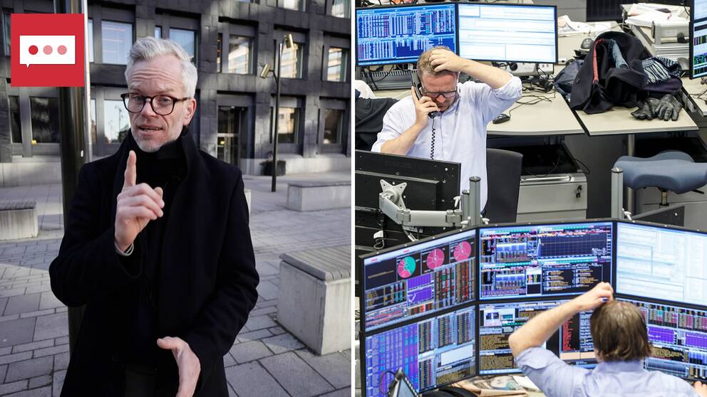 SVT:s ekonomikommentator Alexander Norén bredvid bild på arkivbild på datorer.