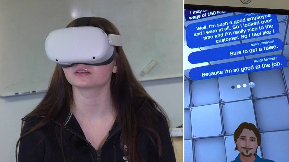 Matilda Sanner har långt brunt hår och har på sig ett VR-headset där hon pratar lönehöjning på engelska med en digital, manlig karaktär.