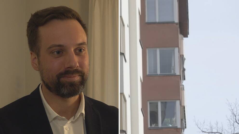 Tvådelad bild: Fastighetsmäklaren Fred Rehn Janowicz och en fasad till ett lägenhetshus.