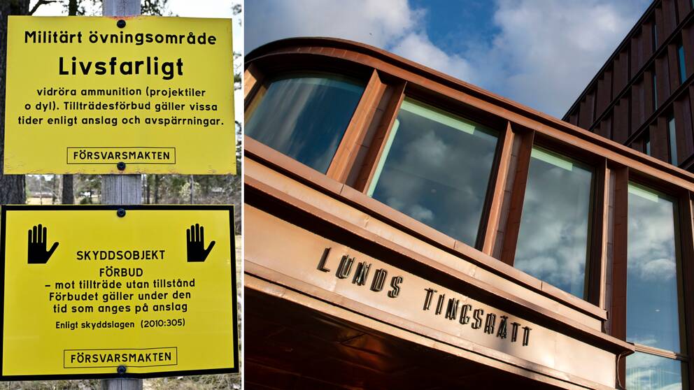 Till vänster en skylt med varning för skyddsobjekt. Till höger en bild på Lunds tingsrätt.