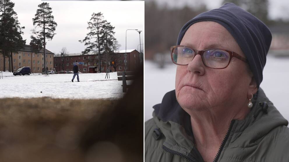 Bostadsområde i Hagfors. Till höger bild på kvinna som bor i området.