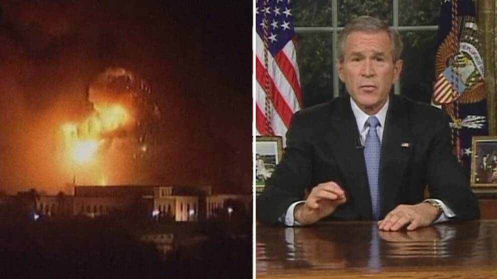 Bild till vänster visar en explosion. Till höger USA:s tidigare president George W Bush.