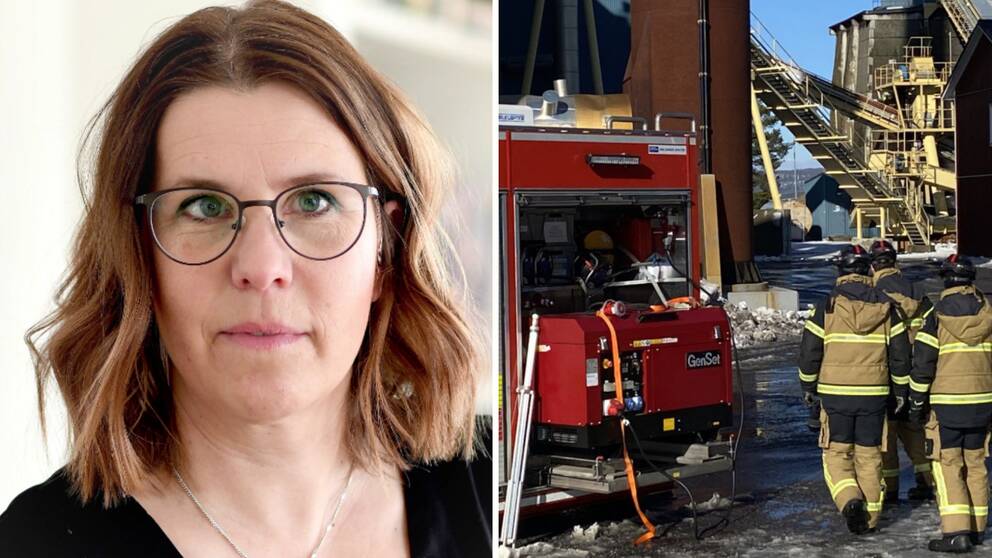 Bilden är ett montage. Till vänster syns Maria Höglund, enhetschef på Länsstyrelsen, och till höger syns räddningspersonal bredvid ett räddningsfordon.