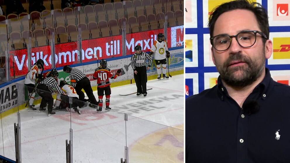 hockespelare på isen samlade kring en skadad spelare. till höger bild på en man med skägg och glasögon
