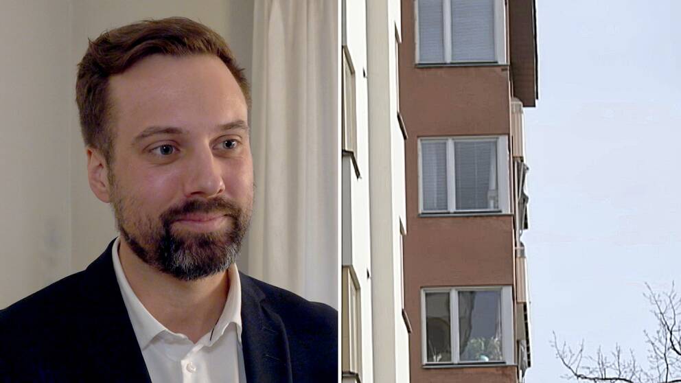 Tvådelad bild: Fastighetsmäklaren Fred Rehn Janowicz och en fasad till ett lägenhetshus.