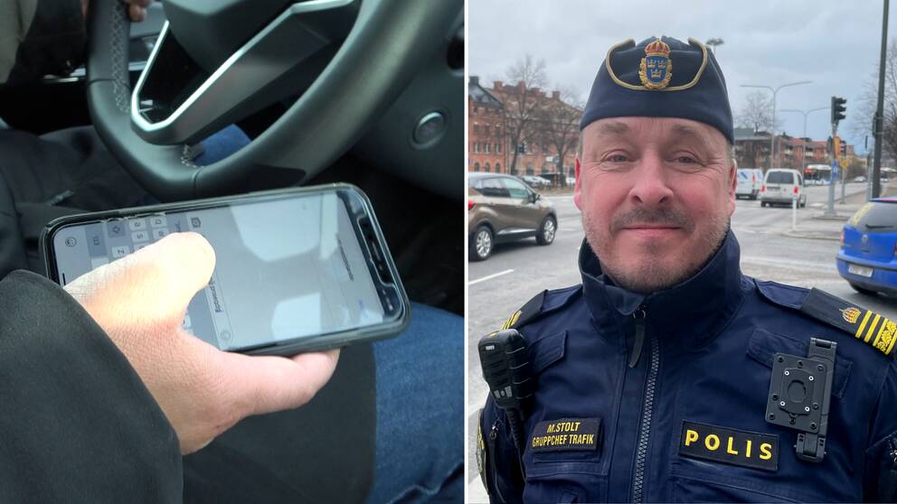 Till vänster en hand som håller i en mobiltelefon, till höger polisen Mikael Stolt iförd polisuniform. 