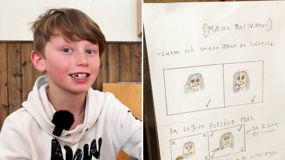 Till vänster: Arvid Söderlund i årskurs två sitter i matsalen på Lillsjöskolan i Östersund och ser glad ut. Till höger: En teckning ritad av ett barn, där det står ”minska matsvinnet”.