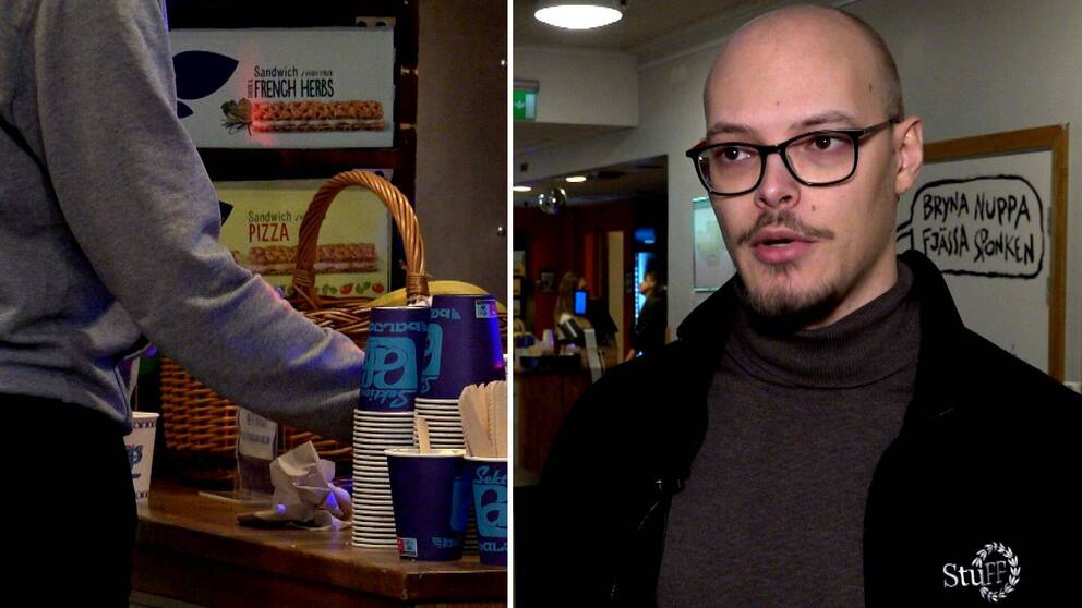 Simon Ågren, kårordförande i studentkåren Stuff i Linköping och bild på person som står vid bord med kaffekoppar.